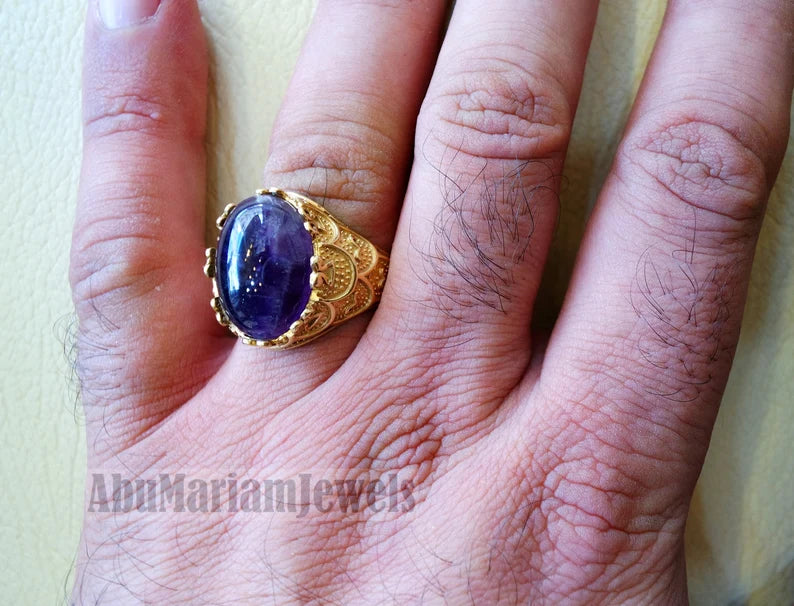 10k yellow gold men ring natural Amethyst cabochon dark purple stone all sizes Ottoman signet style fine jewelry fast shipping