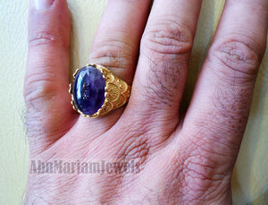 10k yellow gold men ring natural Amethyst cabochon dark purple stone all sizes Ottoman signet style fine jewelry fast shipping