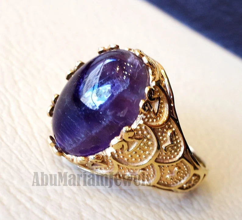 10k yellow gold men ring natural Amethyst cabochon dark purple stone all sizes Ottoman signet style fine jewelry fast shipping