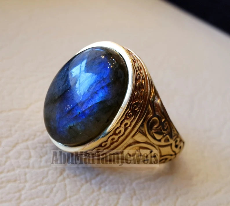 10k yellow gold men ring natural flashy blue labradorite cabochon stone all sizes Ottoman signet style fine jewelry fast shipping
