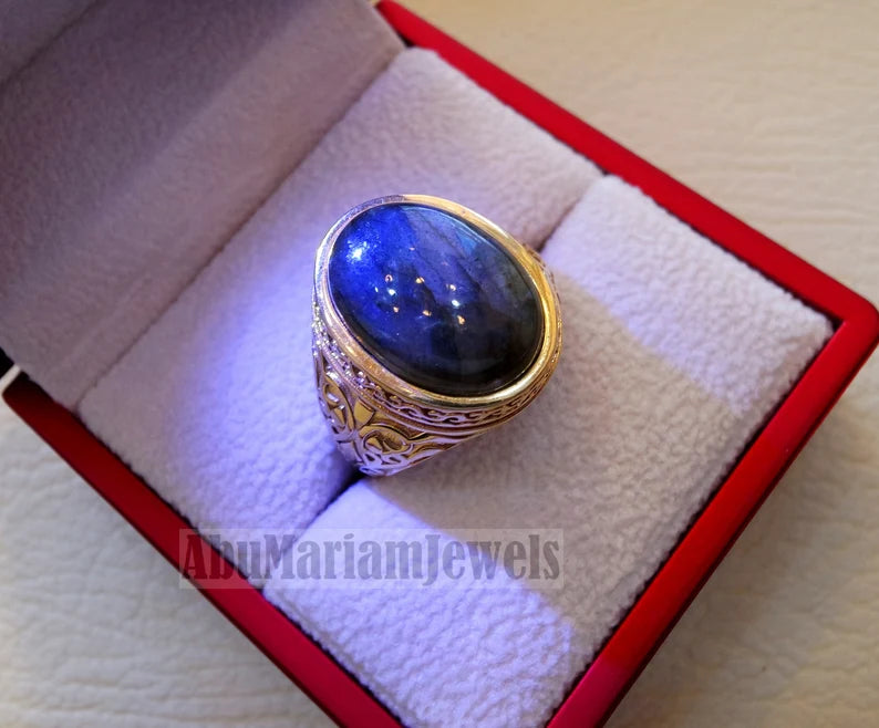 10k yellow gold men ring natural flashy blue labradorite cabochon stone all sizes Ottoman signet style fine jewelry fast shipping