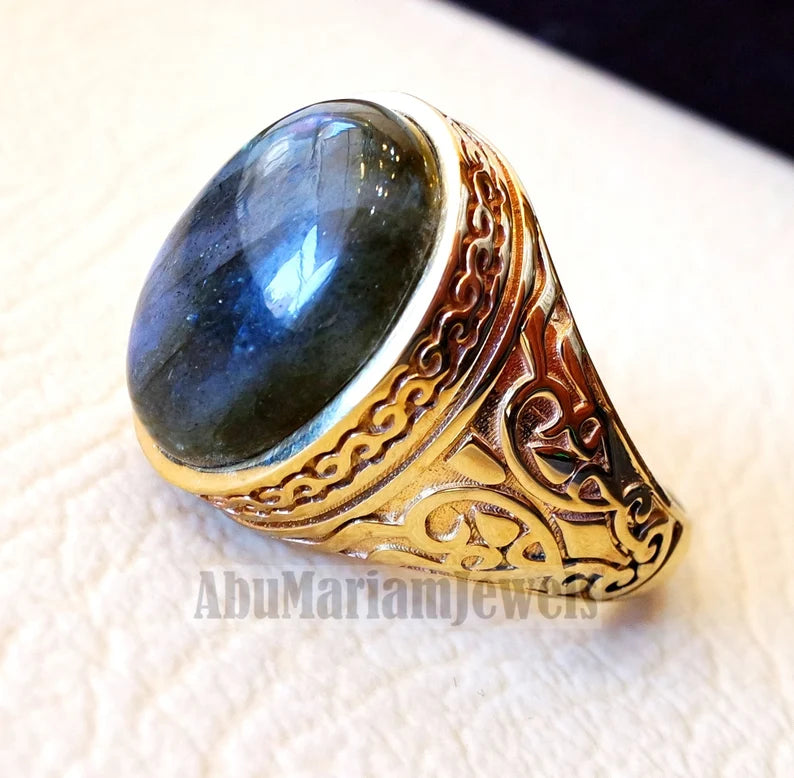 10k yellow gold men ring natural flashy blue labradorite cabochon stone all sizes Ottoman signet style fine jewelry fast shipping
