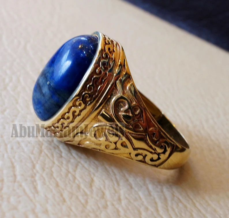10k yellow gold men ring natural lapis lazuli cabochon stone all sizes Ottoman signet style fine jewelry fast shipping