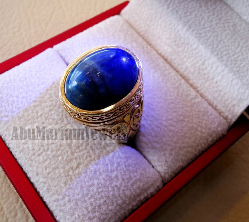 10k yellow gold men ring natural lapis lazuli cabochon stone all sizes Ottoman signet style fine jewelry fast shipping