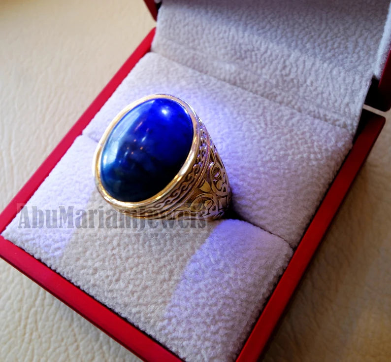 10k yellow gold men ring natural lapis lazuli cabochon stone all sizes Ottoman signet style fine jewelry fast shipping