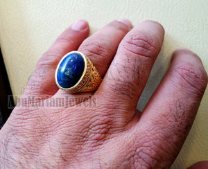 10k yellow gold men ring natural lapis lazuli cabochon stone all sizes Ottoman signet style fine jewelry fast shipping