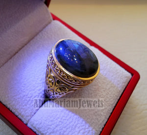 10k yellow gold men ring natural flashy blue labradorite cabochon stone all sizes Ottoman signet style fine jewelry fast shipping