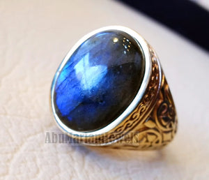 10k yellow gold men ring natural flashy blue labradorite cabochon stone all sizes Ottoman signet style fine jewelry fast shipping