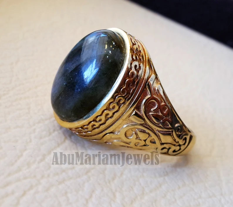 10k yellow gold men ring natural flashy blue labradorite cabochon stone all sizes Ottoman signet style fine jewelry fast shipping