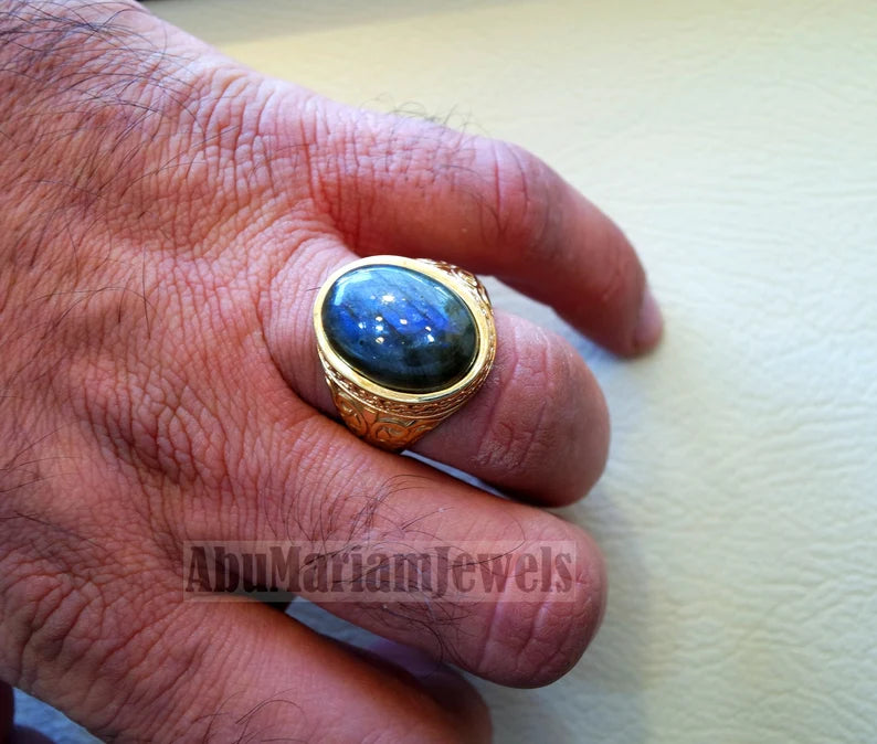 10k yellow gold men ring natural flashy blue labradorite cabochon stone all sizes Ottoman signet style fine jewelry fast shipping