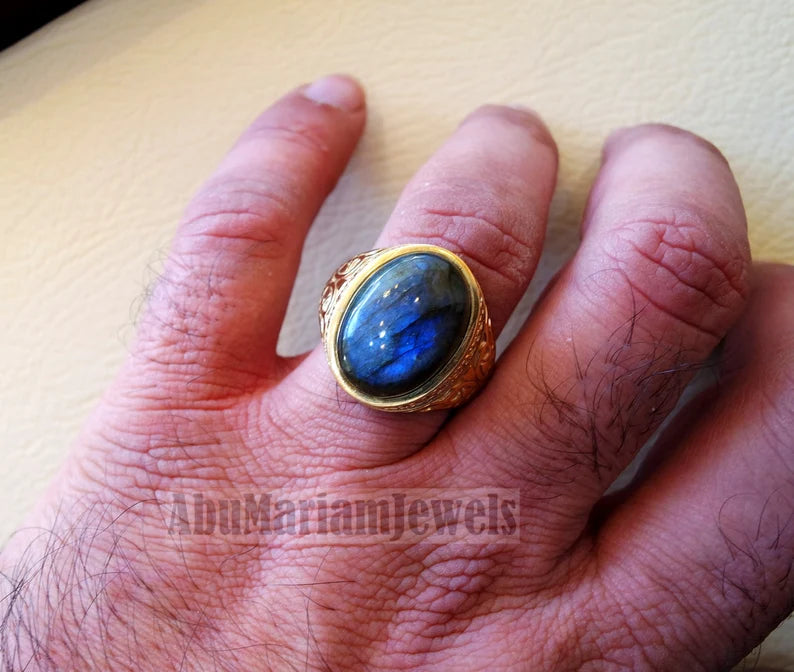 10k yellow gold men ring natural flashy blue labradorite cabochon stone all sizes Ottoman signet style fine jewelry fast shipping