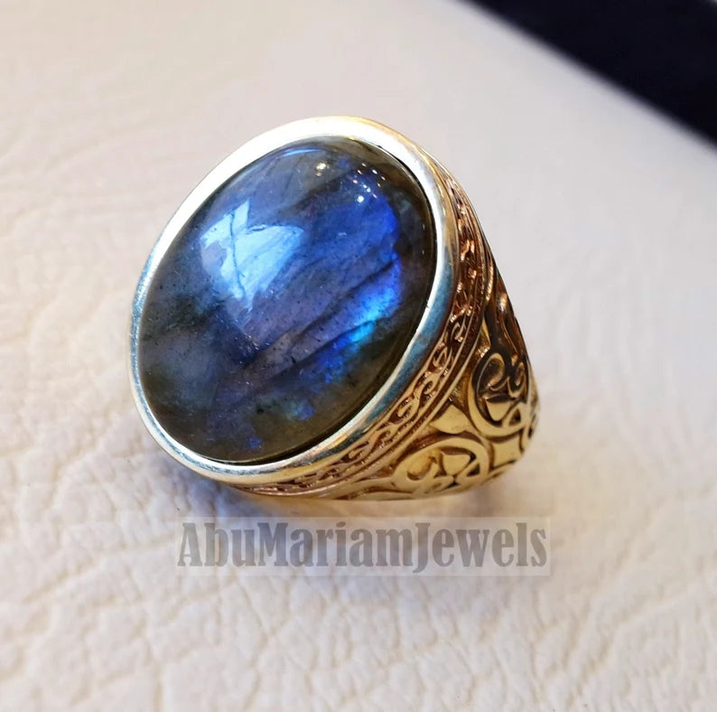 10k yellow gold men ring natural flashy blue labradorite cabochon stone all sizes Ottoman signet style fine jewelry fast shipping