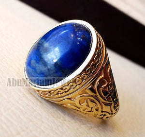 10k yellow gold men ring natural lapis lazuli cabochon stone all sizes Ottoman signet style fine jewelry fast shipping