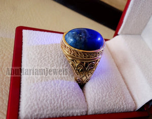 10k yellow gold men ring natural lapis lazuli cabochon stone all sizes Ottoman signet style fine jewelry fast shipping