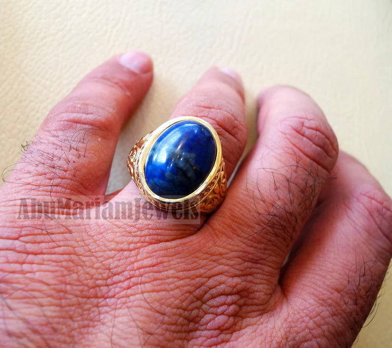 10k yellow gold men ring natural lapis lazuli cabochon stone all sizes Ottoman signet style fine jewelry fast shipping