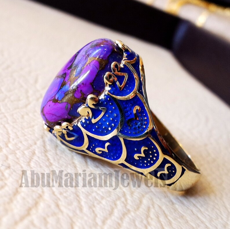 10k yellow gold men ring blue enamel copper purple turquoise natural stone all sizes Ottoman signet style fine jewelry fast shipping