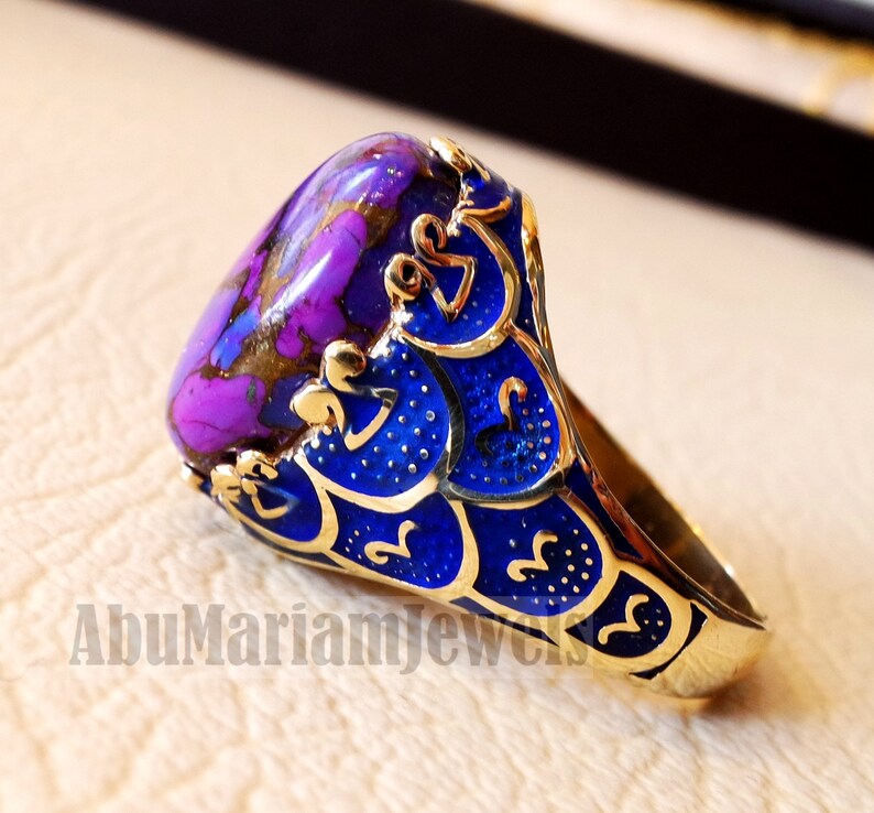 10k yellow gold men ring blue enamel copper purple turquoise natural stone all sizes Ottoman signet style fine jewelry fast shipping