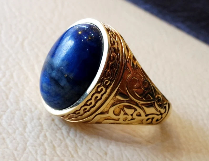 10k yellow gold men ring natural lapis lazuli cabochon stone all sizes Ottoman signet style fine jewelry fast shipping