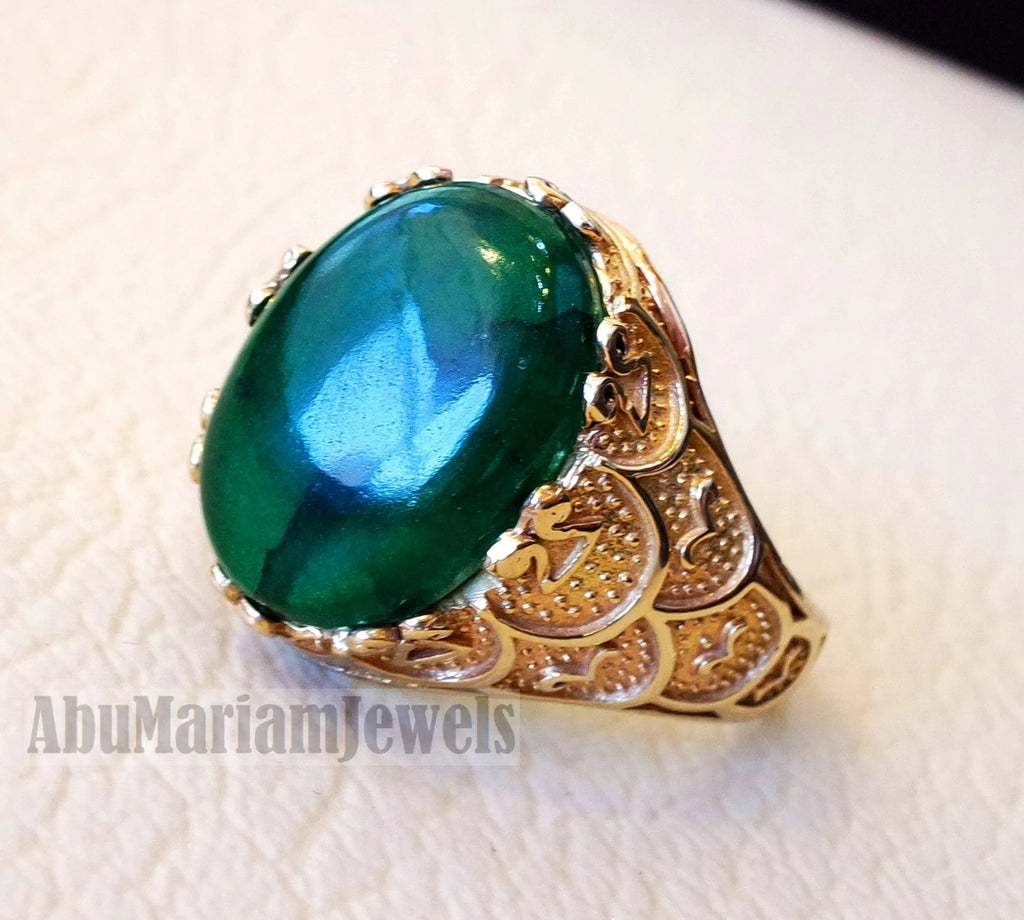 10k yellow gold men ring Treated natural corundum identical to genuine emerald stone color all sizes signet style fine jewelry fast shipping