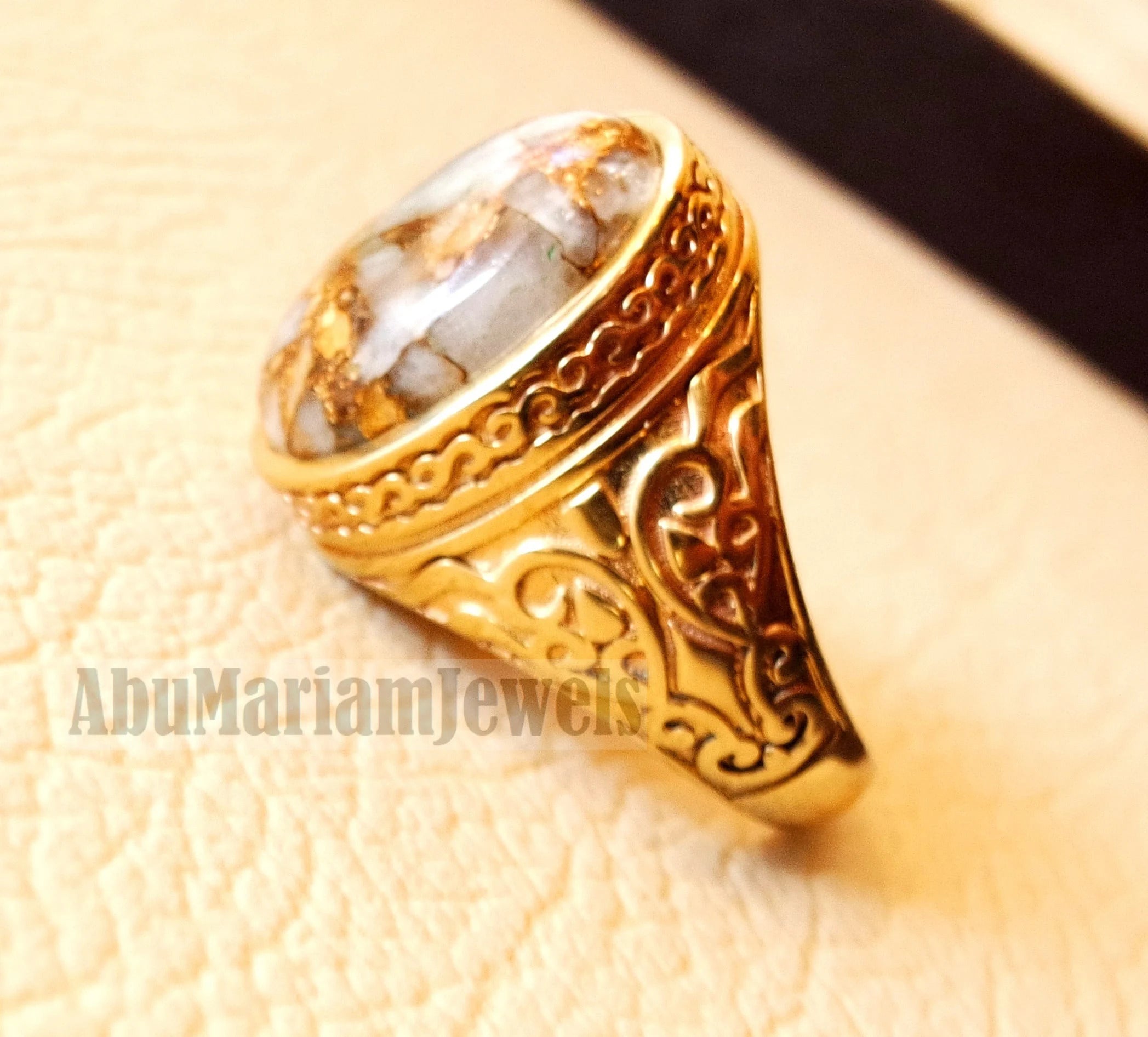 10k yellow gold men ring natural copper calcite cabochon stone all sizes Ottoman signet style fine jewelry fast shipping