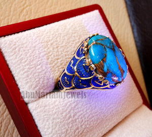 10k yellow gold men ring blue enamel copper blue turquoise cabochon natural stone all sizes Ottoman signet style fine jewelry fast shipping
