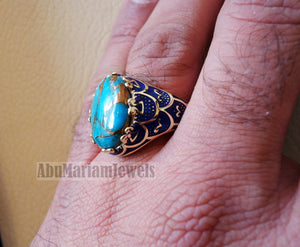 10k yellow gold men ring blue enamel copper blue turquoise cabochon natural stone all sizes Ottoman signet style fine jewelry fast shipping