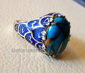 10k yellow gold men ring blue enamel copper blue turquoise cabochon natural stone all sizes Ottoman signet style fine jewelry fast shipping