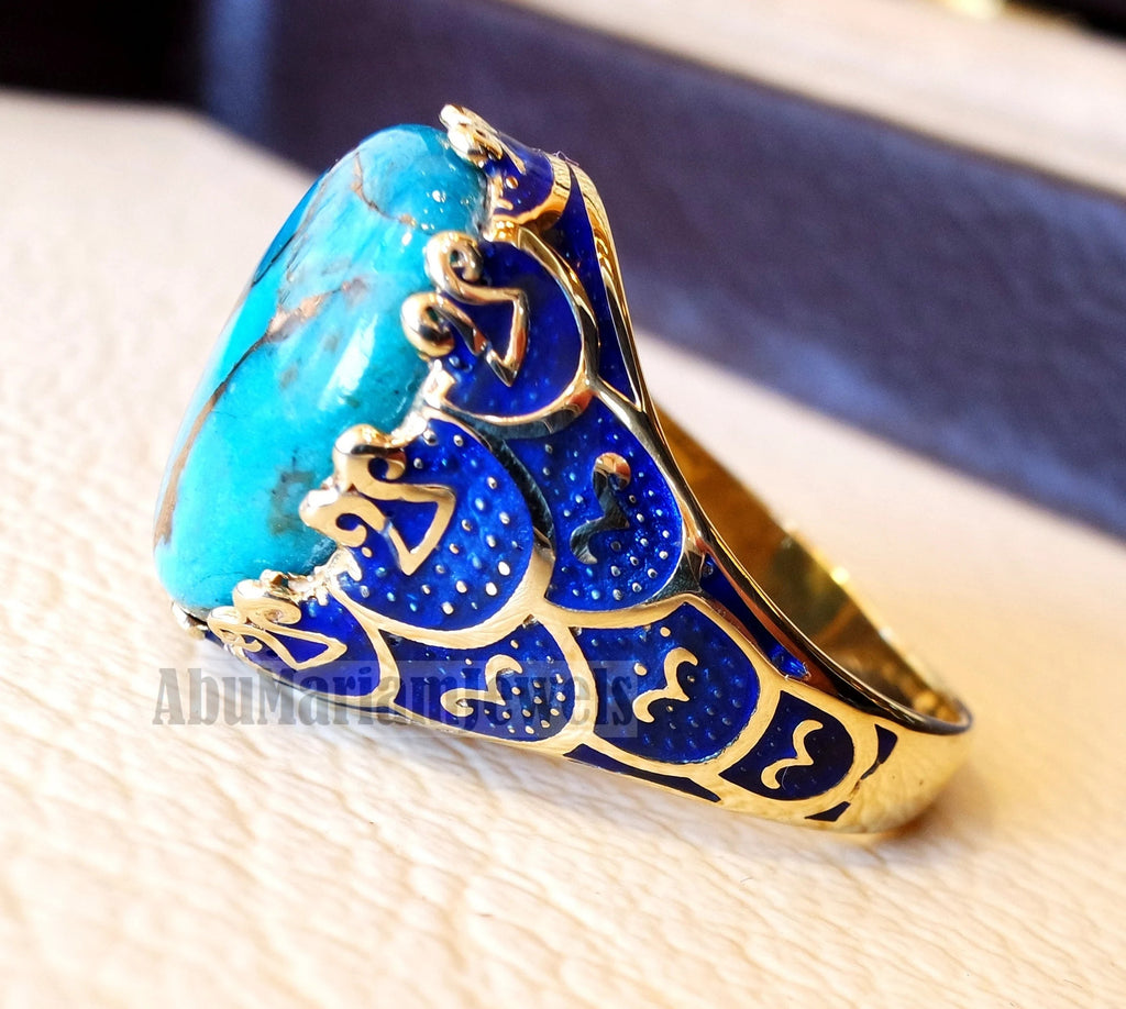 10k yellow gold men ring blue enamel copper blue turquoise cabochon natural stone all sizes Ottoman signet style fine jewelry fast shipping