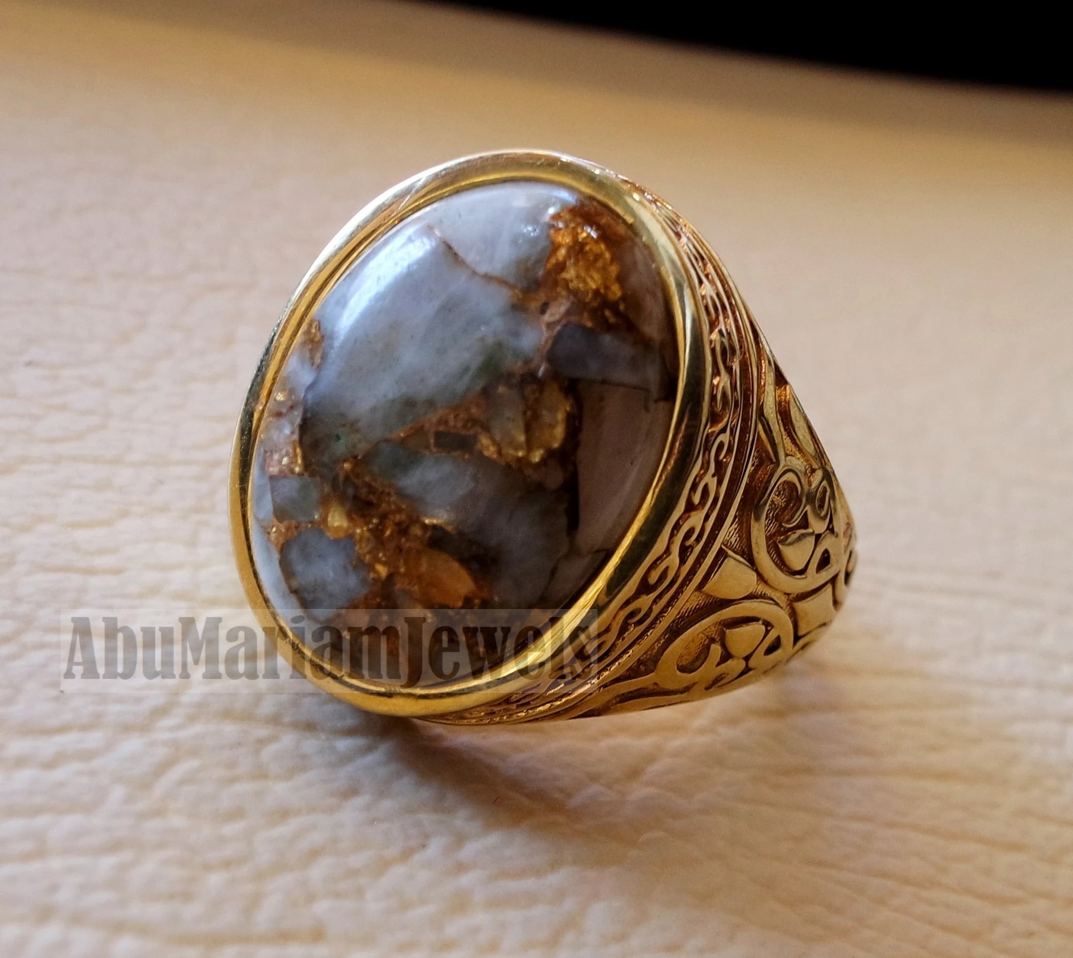 10k yellow gold men ring natural copper calcite cabochon stone all sizes Ottoman signet style fine jewelry fast shipping