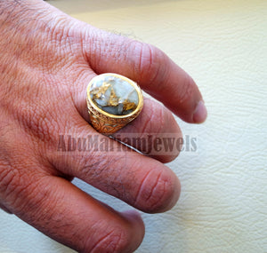 10k yellow gold men ring natural copper calcite cabochon stone all sizes Ottoman signet style fine jewelry fast shipping