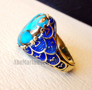 10k yellow gold men ring blue enamel copper blue turquoise cabochon natural stone all sizes Ottoman signet style fine jewelry fast shipping
