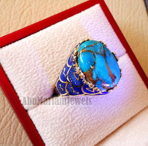 10k yellow gold men ring blue enamel copper blue turquoise cabochon natural stone all sizes Ottoman signet style fine jewelry fast shipping
