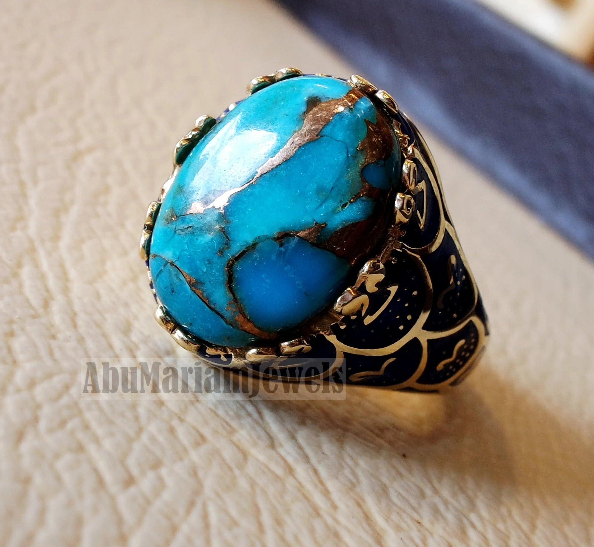 10k yellow gold men ring blue enamel copper blue turquoise cabochon natural stone all sizes Ottoman signet style fine jewelry fast shipping