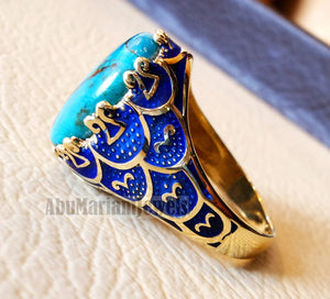 10k yellow gold men ring blue enamel copper blue turquoise cabochon natural stone all sizes Ottoman signet style fine jewelry fast shipping