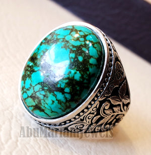 man ring nishapur tibet turquoise blue natural high quality stone sterling silver 925 all semi precious gem detailed design style