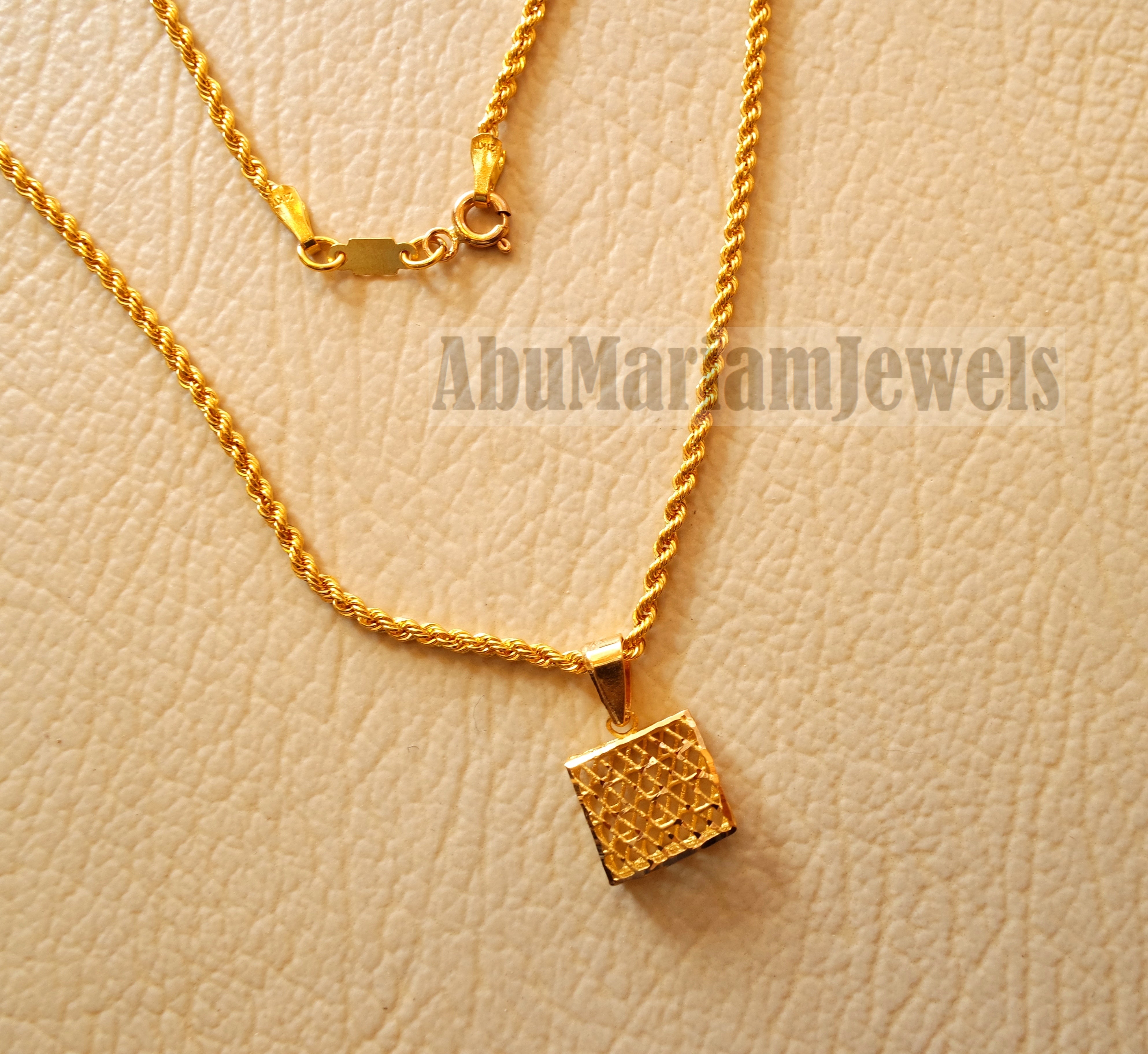 Square 3d 21 k gold pendant with rope chain fine jewelry necklace fast shipping