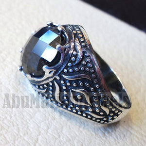 onyx round man ring sterling silver 925 black faceted stone cabochon all sizes middle eastern Arabic Turkish antique style jewelry