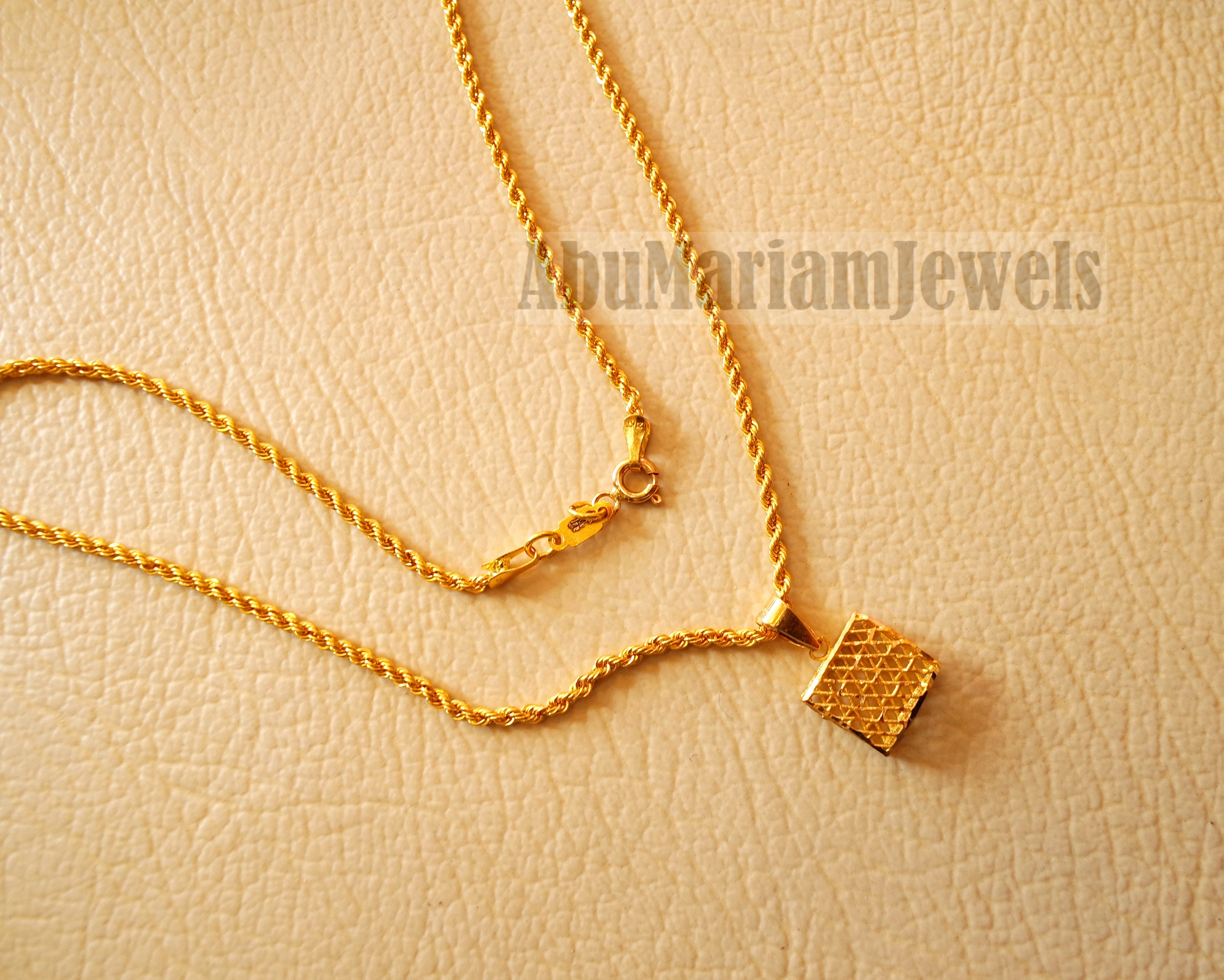 Square 3d 21 k gold pendant with rope chain fine jewelry necklace fast shipping