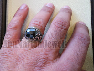 onyx round man ring sterling silver 925 black faceted stone cabochon all sizes middle eastern Arabic Turkish antique style jewelry