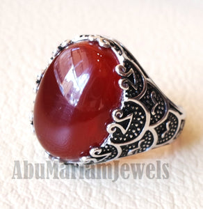 aqeeq natural liver agate carnelian  stone oval red cabochon gem man ring sterling silver arabic middle eastern turkey style
