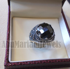 onyx round man ring sterling silver 925 black faceted stone cabochon all sizes middle eastern Arabic Turkish antique style jewelry