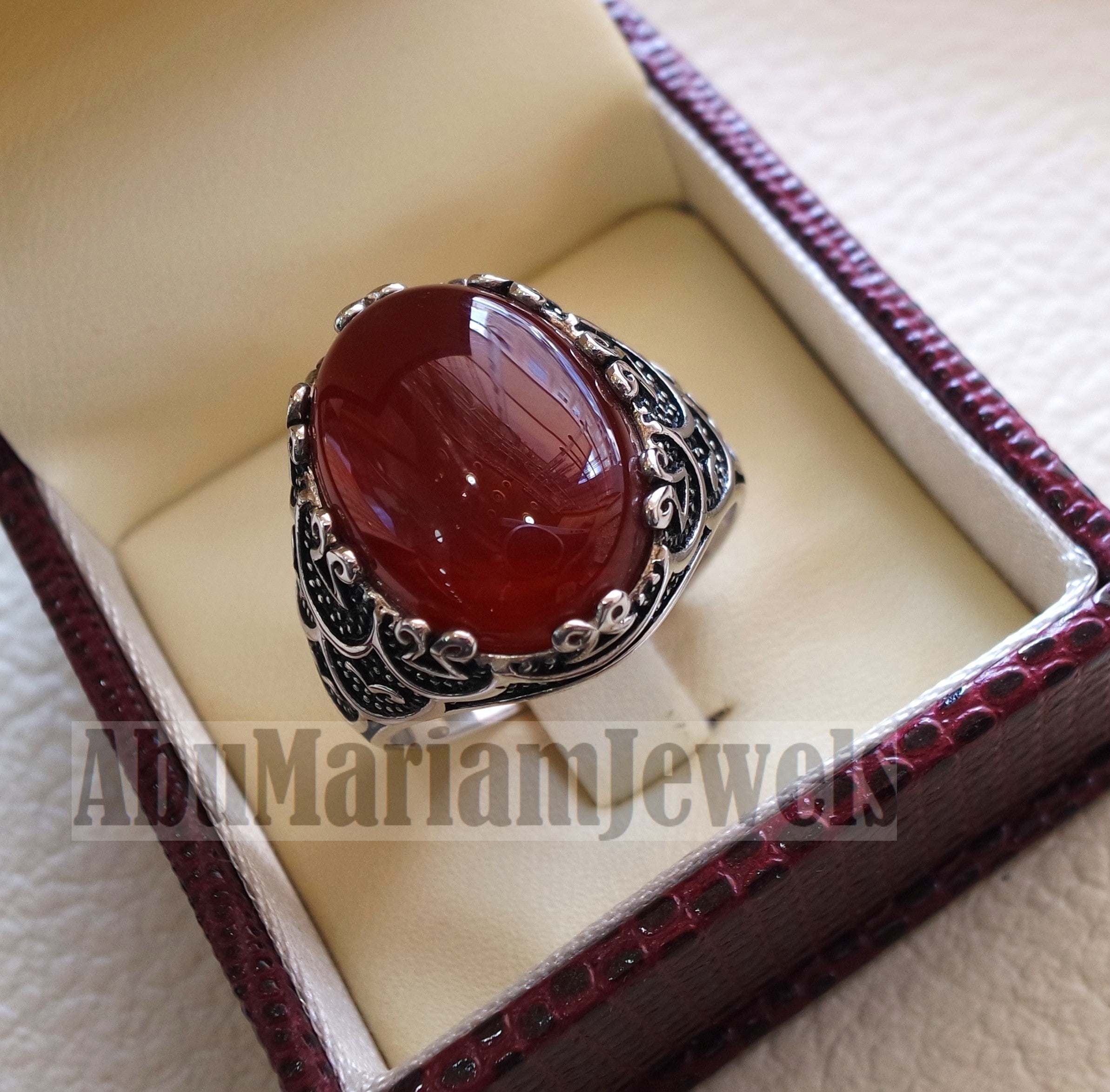 aqeeq natural liver agate carnelian  stone oval red cabochon gem man ring sterling silver arabic middle eastern turkey style