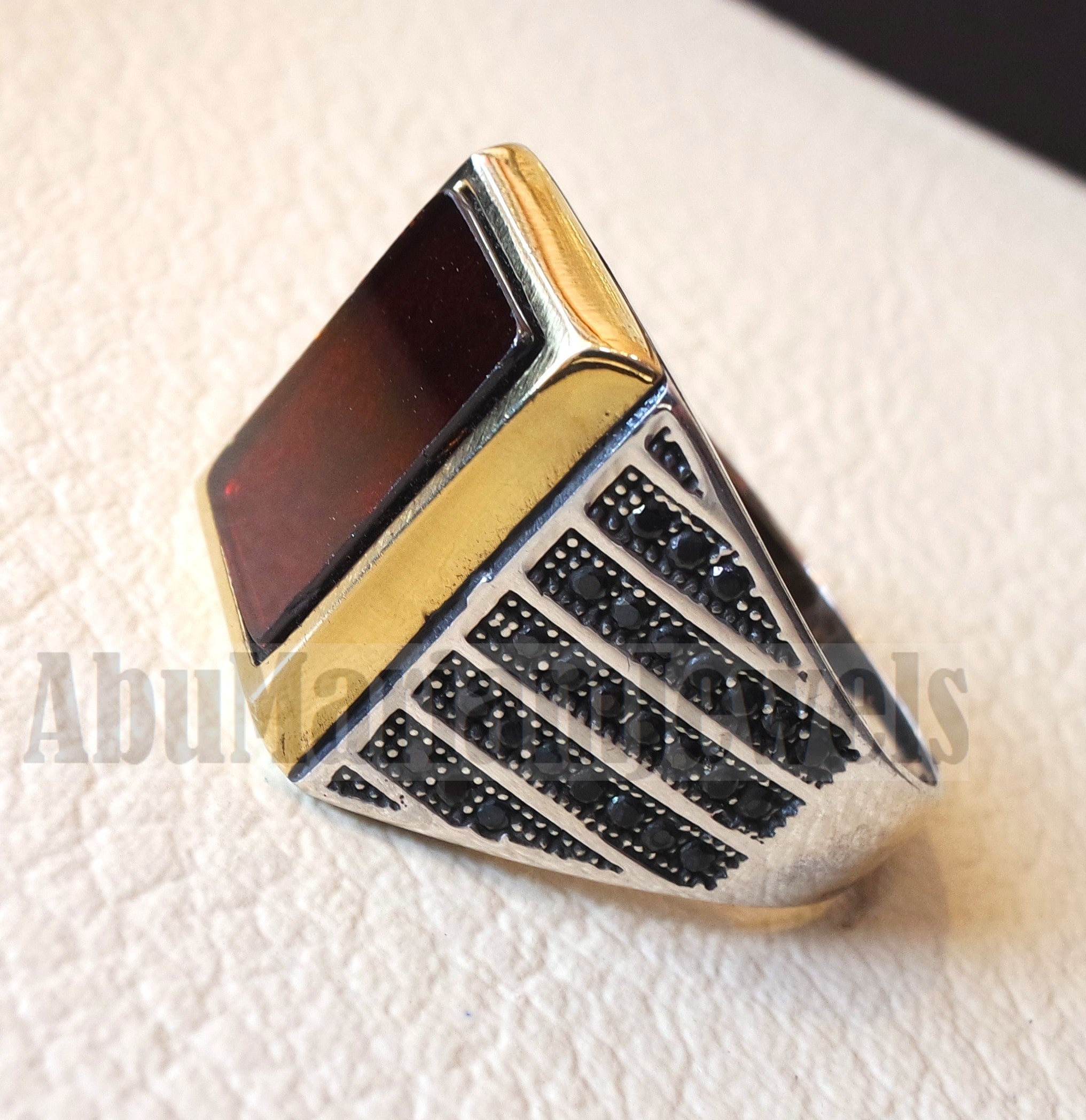 Men ring rectangular silver aqeeq flat natural semi precious agate carnelian gemstone  sterling silver 925 and bronze jewelry all sizes fast shipping black cubic zircon on sides