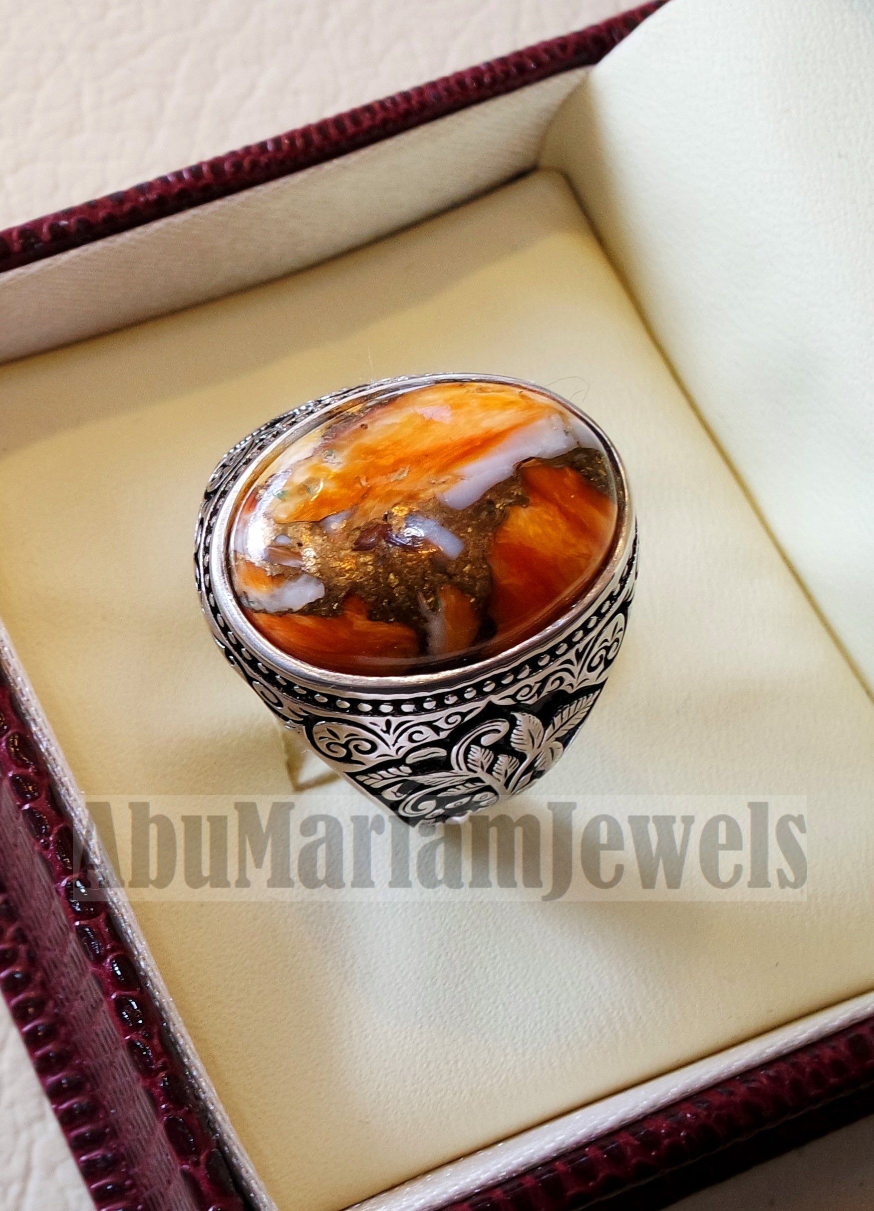 copper oyster man ring natural stone sterling silver 925 oval cabochon semi precious gem ottoman nature style all sizes jewelry