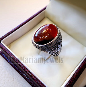 Striped aqeeq natural liver agate carnelian stone oval red cabochon gem man ring sterling silver arabic middle eastern turkey style