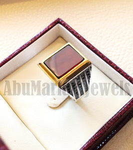 Men ring rectangular silver aqeeq flat natural semi precious agate carnelian gemstone  sterling silver 925 and bronze jewelry all sizes fast shipping black cubic zircon on sides
