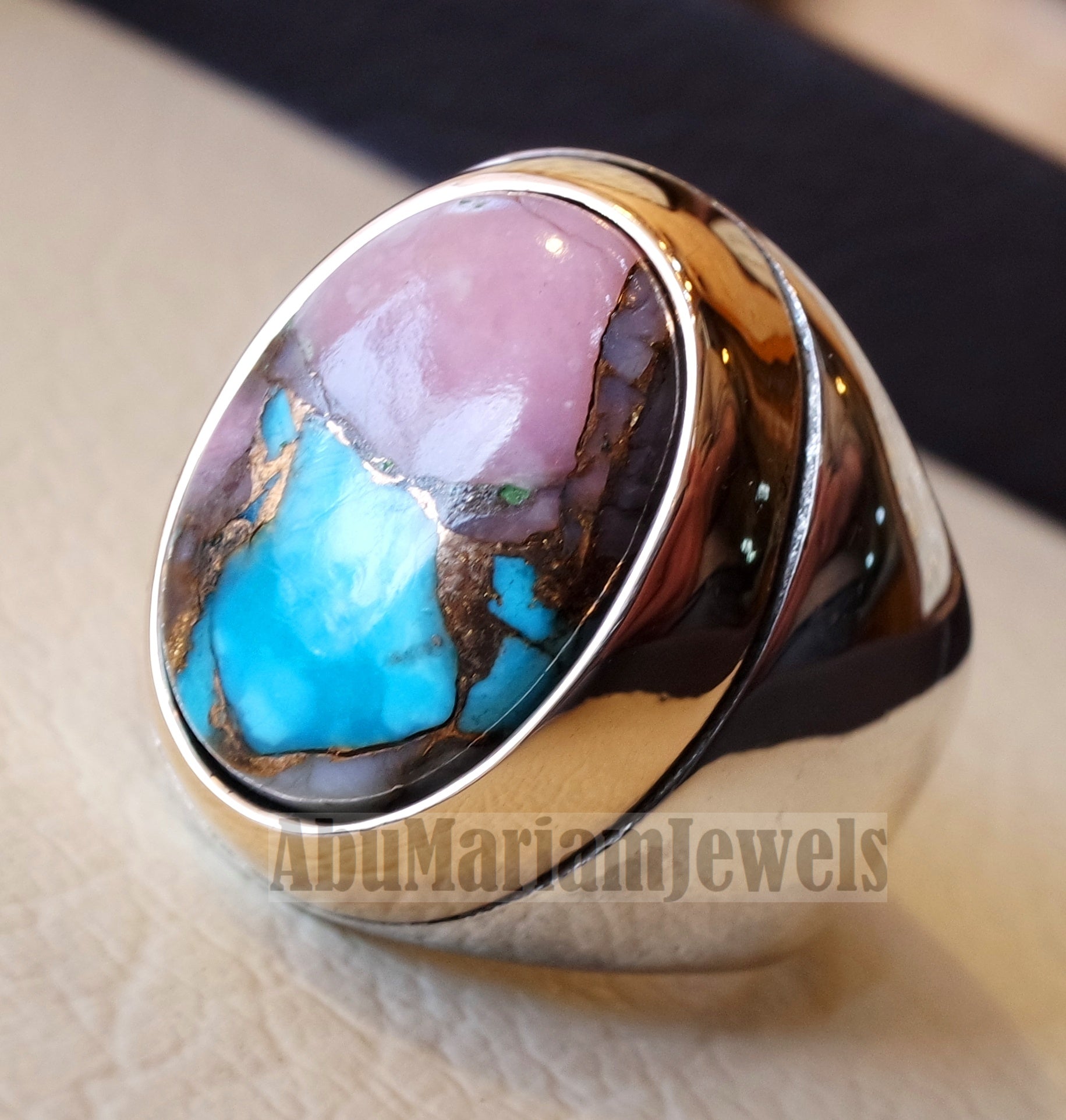 Copper pink Opal Turquoise blue natural stone ring sterling silver 925 bronze frame men jewelry all sizes gem middle eastern style