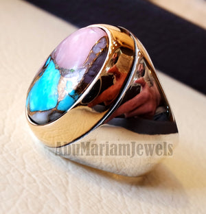 Copper pink Opal Turquoise blue natural stone ring sterling silver 925 bronze frame men jewelry all sizes gem middle eastern style