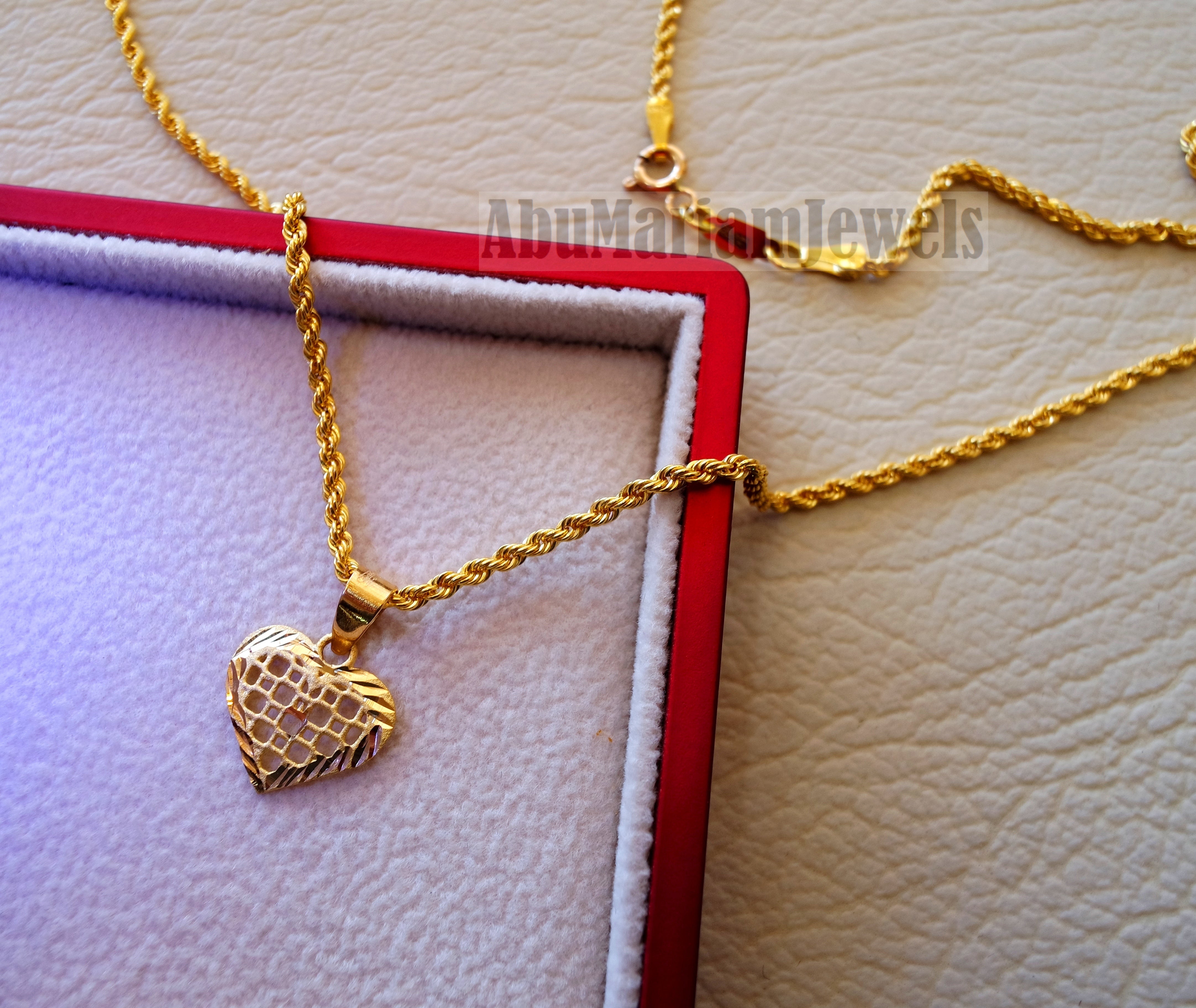 21K gold heart pendant with rope chain gold jewelry 16 and 20 inches fast shipping with gift box