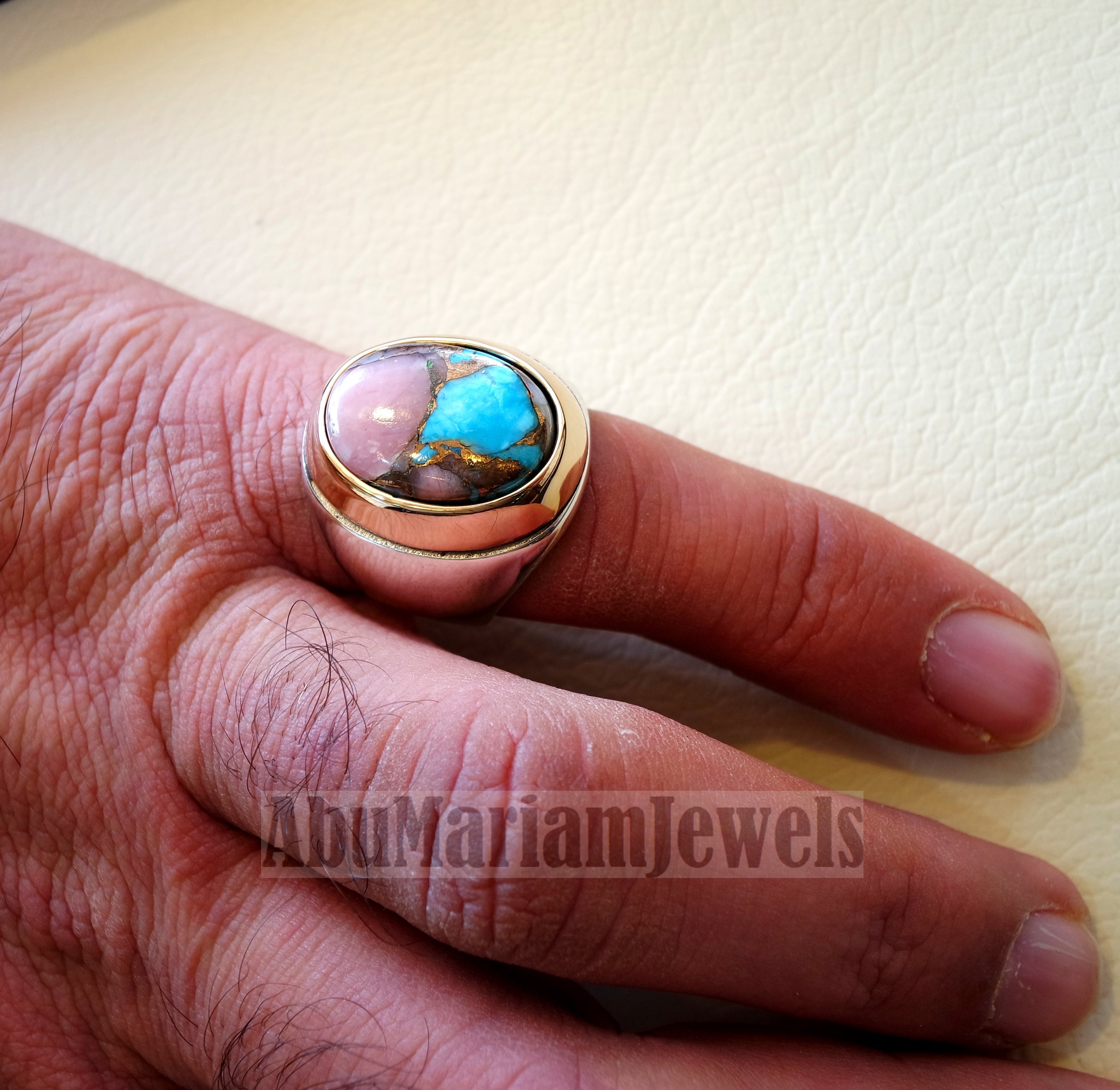 Copper pink Opal Turquoise blue natural stone ring sterling silver 925 bronze frame men jewelry all sizes gem middle eastern style